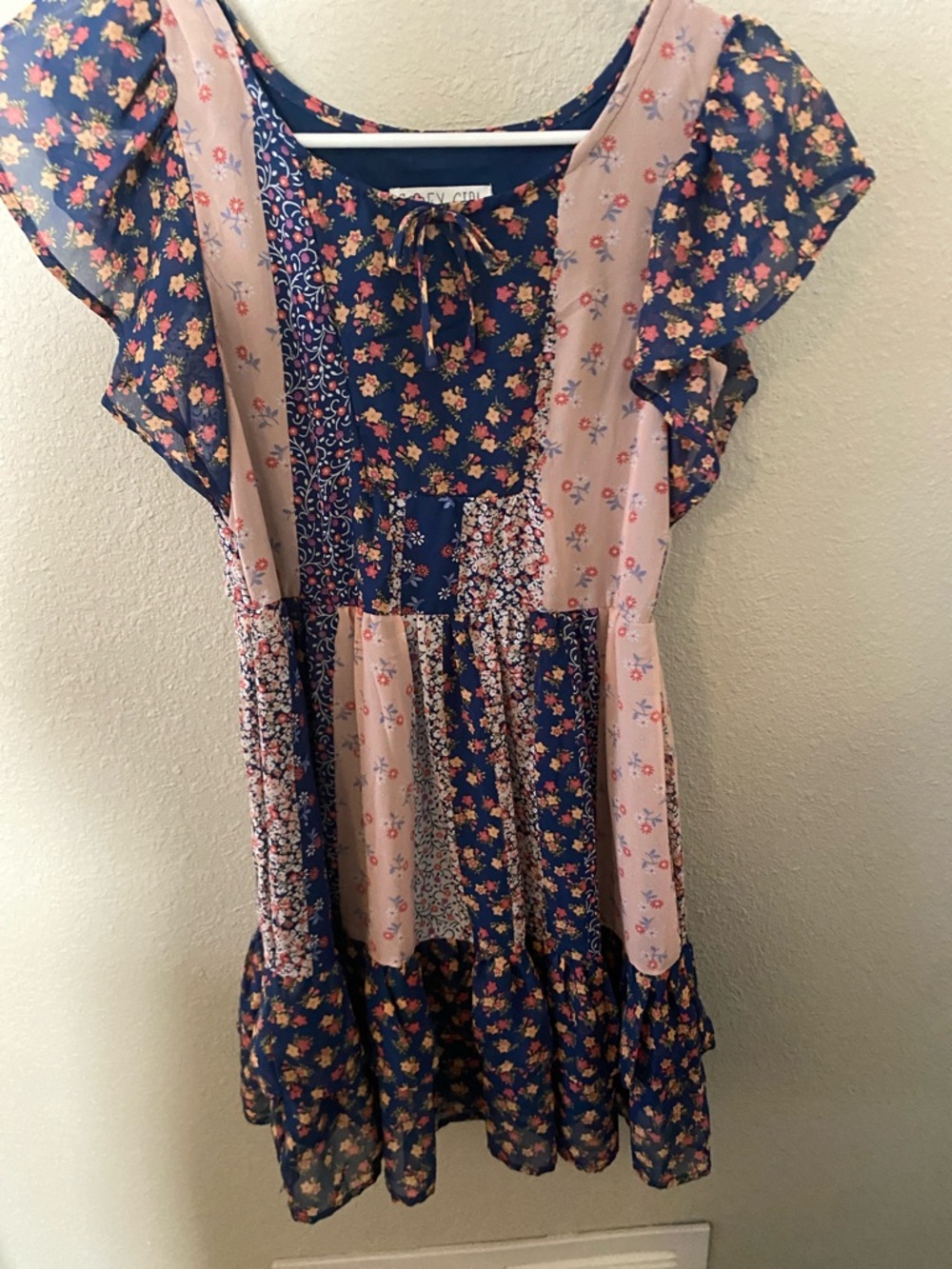 Girls' Navy and Blush Floral Patchwork Sundress